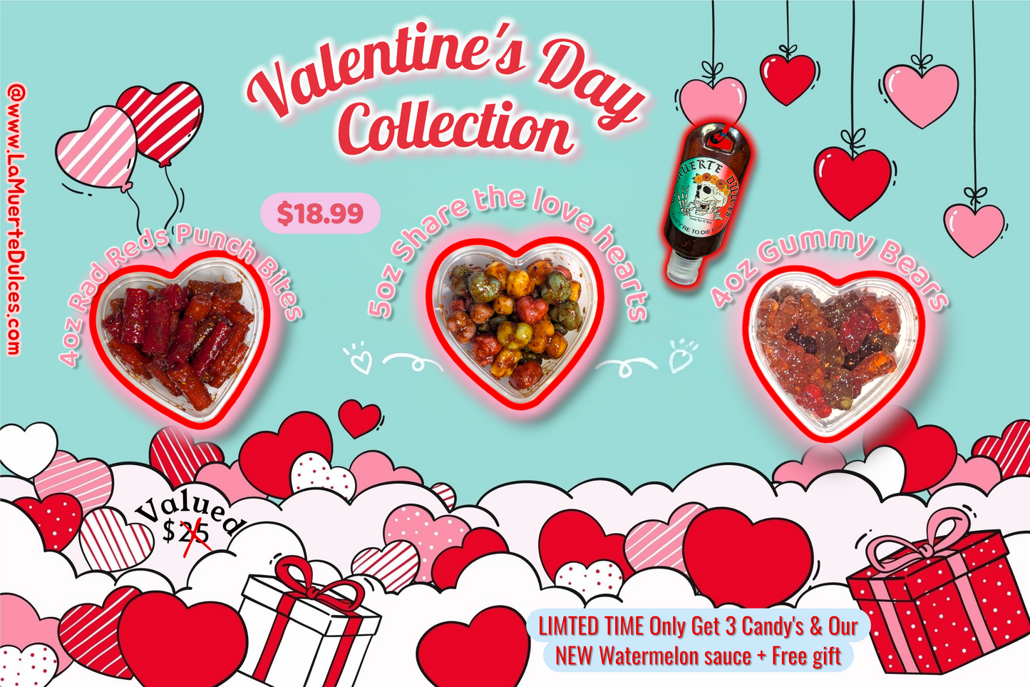 Valentine's Day candy collection with heart-shaped bowls and promotional text on a light blue background.